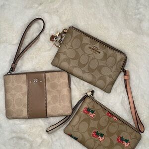 Coach Signature Canvas Wristlet Trio in Tan & Khaki with Strawberry Accent